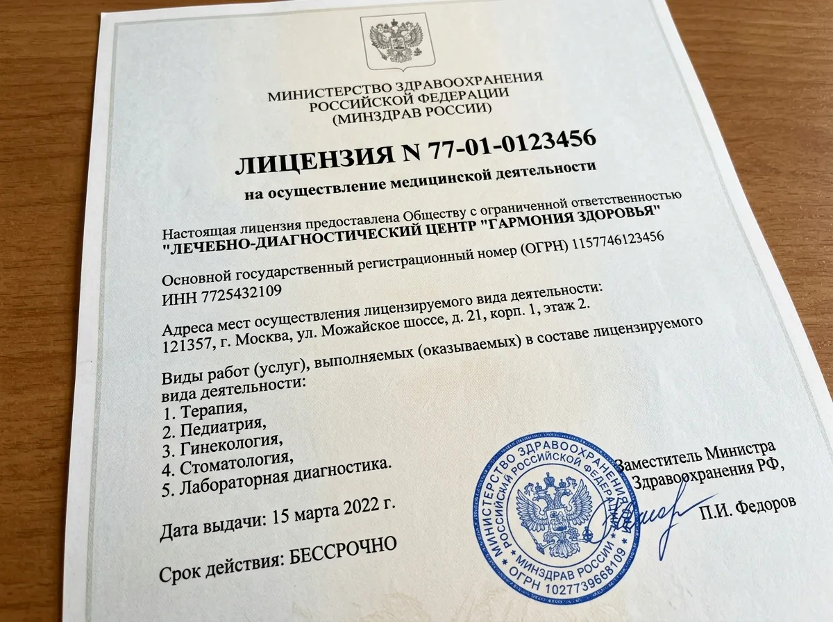 Скан медицинской лицензии на осуществление медицинской деятельности, официальный документ с печатью Минздрава России, крупный план